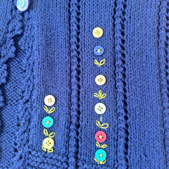 Artisan Handmade Navy Blue Knit Vest with Multicolor Buttons & Floral Details - Picture 2 of 5